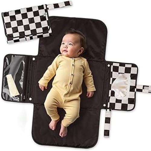 Tiny Twinkle Portable Diaper Changing Pad – Foldable, Waterproof & Compact Travel Changing Mat with Storage | Smart Wipes Pocket for On-The-Go Parents(Black Checkers)