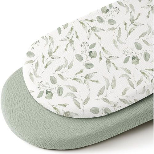 Konssy Muslin Bassinet Sheets for Baby Girl Boy, 2 Pack Soft Breathable Baby Bassinet Mattress Sheets Fit for Hourglass Oval Cradle, Moses Basket Rectangle Mattress (Green, Green Leaves)