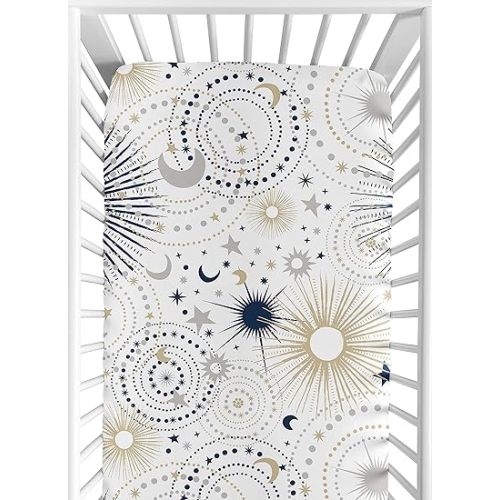 Sweet Jojo Designs Star and Moon Boy or Girl Fitted Crib Sheet Baby or Toddler Bed Nursery - Navy Blue, Gold, and Grey Celestial Sky Stars Gender Neutral Unisex