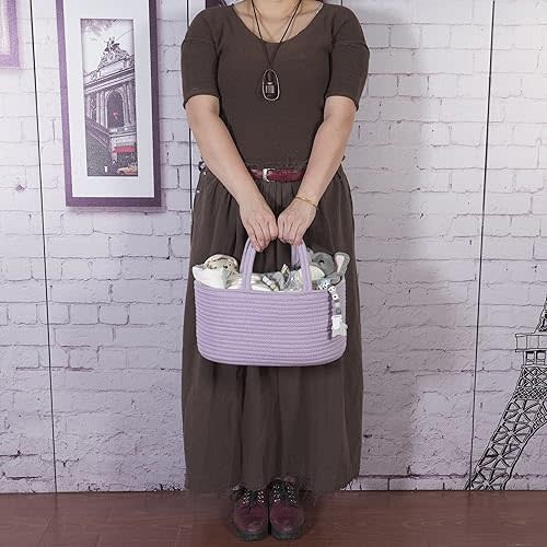 Baby Diaper Caddy Organizer Cotton Rope Nursery Storage Bin Portable Tote Bag for Changing Table Car Travel Purple Lavender