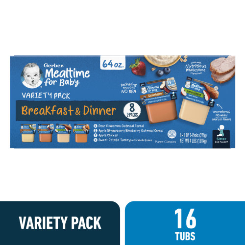 Gerber 2nd Foods Breakfast & Dinner Puree Classics Baby Food, Variety Pack, 4 oz Tub (16 Pack)