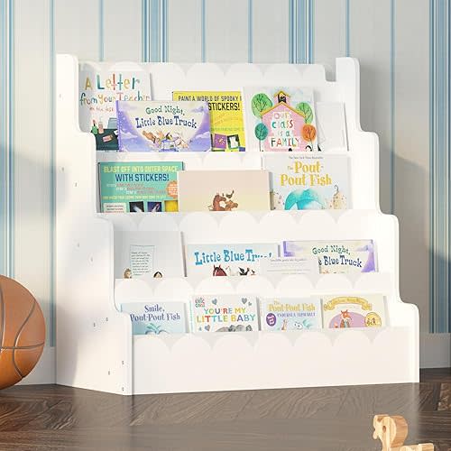 4 Tier Scalloped Kids Bookshelf Natural Wood Toddler Book Rack Nursery Bookcase Playroom Coloring Book Magazine Display Storage Shelf Organizer Classroom Library Homeschooling (White)