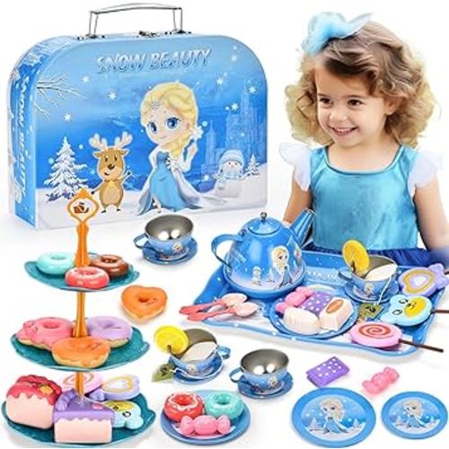 Tea Party Set for Little Girls - Frozen Toys for Girls - Elsa Princess 48 Pack Kids Kitchen Pretend Toy with Tin Tea Set, Desserts & Carrying Case - Birthday Gift for Age 3 4 5 6 Year Olds