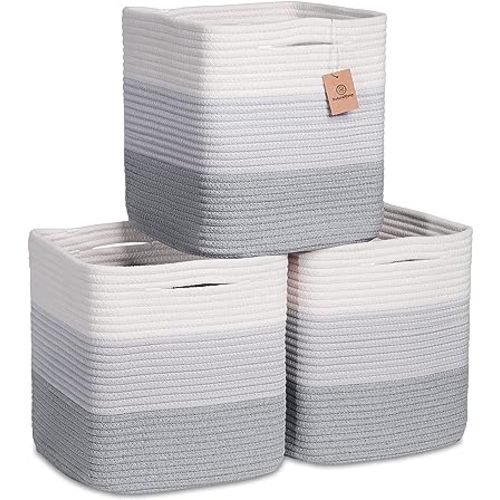 NaturalCozy Storage Cubes 11 Inch Cotton Rope Woven Baskets for Organizing, 3-Pack | Cube Storage Bin | Square Storage Baskets for Shelves Organizer, Classroom, Kids Toy Bins, Closet, Baby Nursery