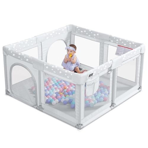 ANGELBLISS Baby Playpen, Large Baby Playard, Play Pens for Babies and Toddlers with Gate, Indoor & Outdoor Play Area for Infants, Kids Safety Play Yard with Star Print (Grey, 50"×50") - Small (50×50in)