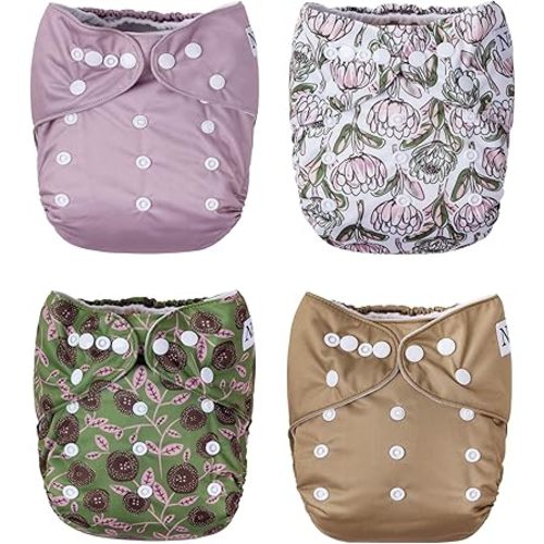 Nora's Nursery Cloth Pocket Diapers 4 Pack with 4 Inserts - Waterproof Cover, Washable, Reusable & One Size Adjustable Pocket Diapers for Newborns and Toddlers - Meadow