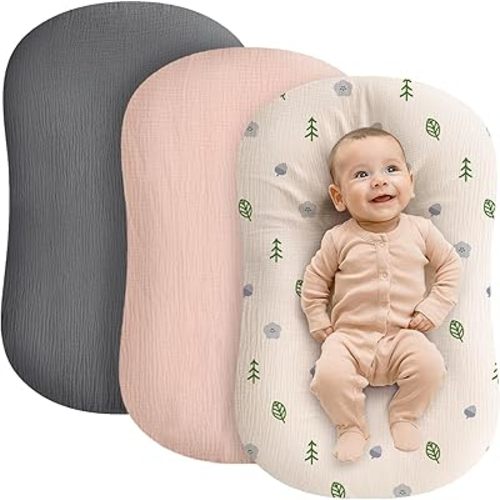 Muslin Baby Lounger Cover - 3 Pack Organic Cotton Baby Pillow Lounger Cover for Newborn - Soft and Breathable Infant Pillow Lounger Cover - Covers Only