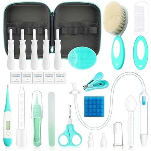 23 in 1 Baby Healthcare and Grooming Kit, Infant Safety Care Set Baby Nursery Kit with Gas Colic Passer Nasal Aspirator Nail Clipper Hair Brush Comb for Newborn Girls Boys (Green))