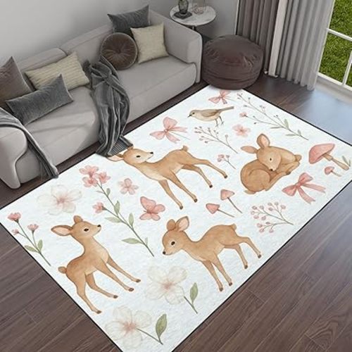 Woodland Baby Deer Forest Animal Watercolor Wreath for Nursery Pink Area Rug Outdoor Patio Rug Play Mat Modern Floor Carpet Non-Slip Home Decor Living Room Kids Bedroom Nursery, 6x9 ft
