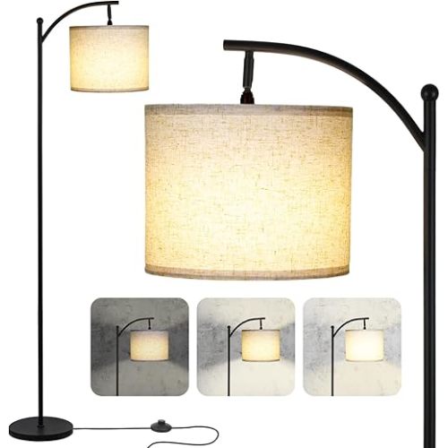 Modern Floor Lamp, 3-Ways Dimmable Standing Lamp with Linen Shade, Adjustable Height, Foot-Step Switch, Reading Lamp for Living Room, Bedroom, Office, 9W Bulb Included (Black)