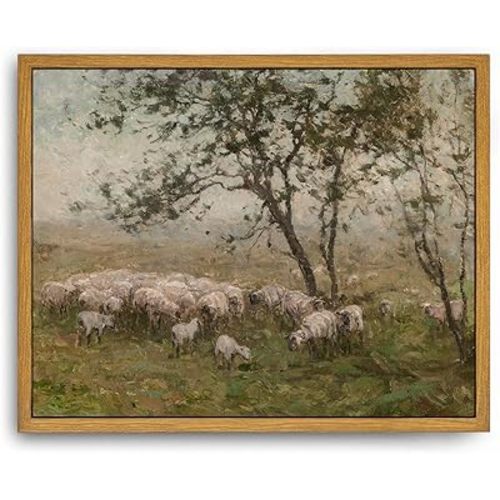 Roslynity Framed Canvas Wall Art Vintage Print Oil Painting Sheep Farm Meadow Pasture Landscape Country Animal Retro Aesthetic Artwork for Home Living Room Bathroom Nursery Wall Decor (8"x10")