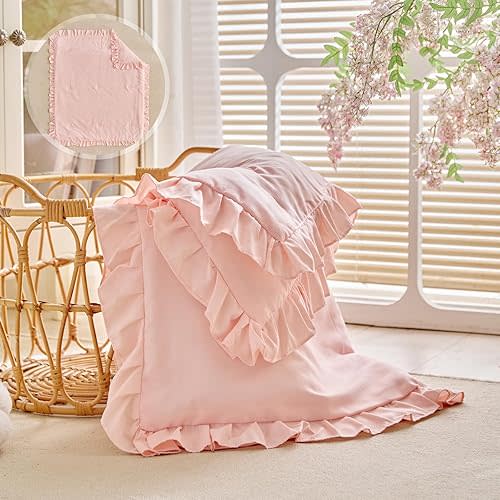 Ruffled Crib Comforter for Baby Toddler Girls, Soft Cozy Cute Toddler Comforter Quilted Blanket Breathable Microfiber Comfortable Down Alternative Baby Quilt with Ruffle - 43"x 60" Light Pink