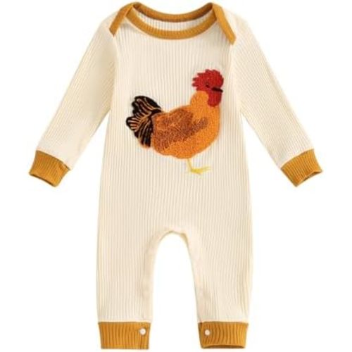 Tsnbre Newborn Boy Girl Outfits Rib Knit Romper Long Sleeve Farm Chicken Bodysuit 0 3 6 9 12 Months Netural Baby Clothes