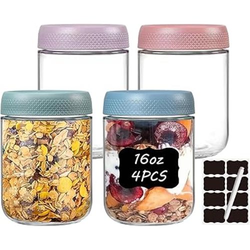 4 Pack 16oz Glass Jars with Lids Overnight Oats Snack Pudding Yogurt Container Cereal Salad Meal Prep Portion Control Food Storage Cups Bowls Airtight with Stickers and Marker