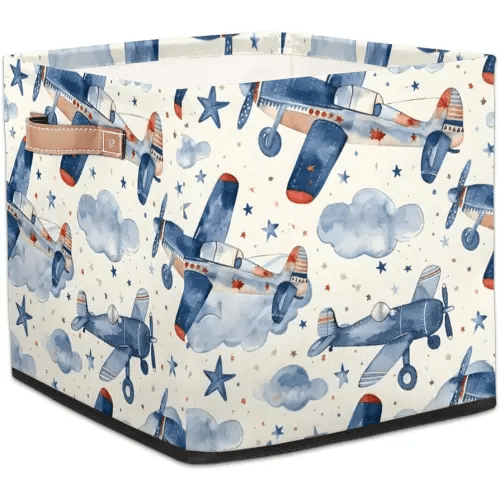 Airplane Cube Storage Bin, 13 Inch Collapsible Fabric Storage Cube Bin, Aircraft Foldable Cube Baskets for Shelf, Closet, Organizer
