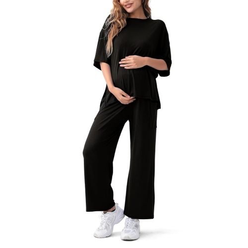 Maternity Lounge Set 2 Piece Outfits Matching Short Sleeve Top Adjustable Long Pants Pregnancy Summer Loungwear