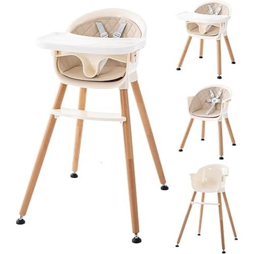 6 in 1 Convertible Wooden High Chair for Babies & Toddlers, Baby Feeding Chair with Adjustable Legs, Double Removable Tray, Infant Eating Chair with Safety Harness, Footrest for Boys Girls, Cream