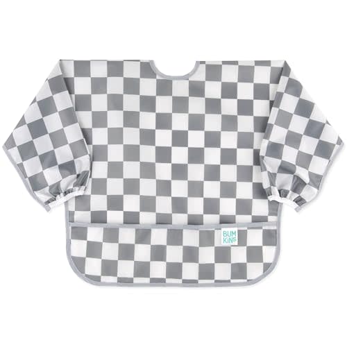 Bumkins Sleeved Bib for Girl or Boy, Baby and Toddler for 6-24 Mos, Essential Must Have for Eating, Feeding, Baby-Led Weaning Supplies, Long Sleeve Mess Saving Food Catcher, Fabric, Charcoal Check