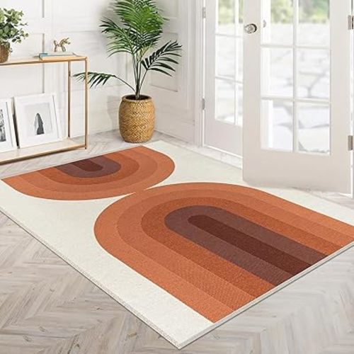 Lahome Boho Rainbow Woven Washable Bedroom Rug, Ultra-Thin 3x5 Orange Nursery Rugs for Entryway Kitchen, Cotton Reversible Throw Small Carpet for Playroom Office Living Room (3'x 5', Orange)