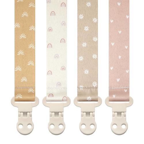 Baby Pacifier Clip Holder - Girl 4 Pack Gift Set - Boho Rainbow Suns Hearts Daisies Design (Belle)