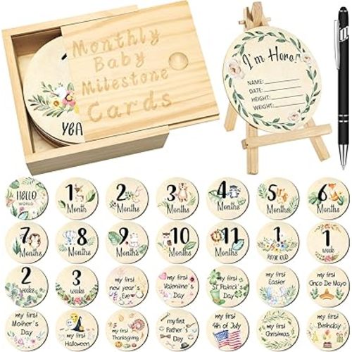 Wesiti 31 Pcs Baby Monthly Milestone Sign Wooden Set Double Sided Hello World Milestone Cards Pregnancy Journey Birth Announcement Props for Baby Boy Girl (Vivid)