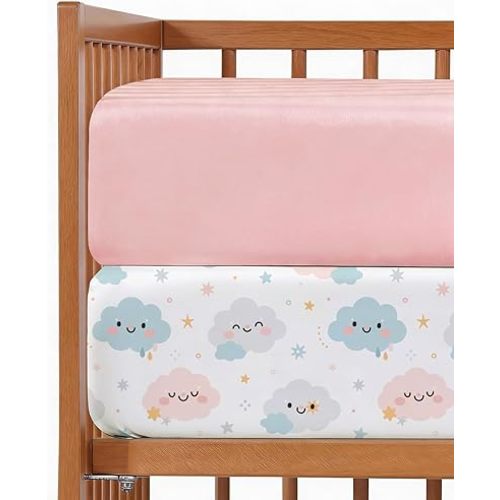 2-Pack Mini Crib Sheets Fitted - Pack N Play Sheets for Pack and Play Mattress - Stretchy Soft Microfiber Playard Bedding - Mini Toddler Bed Cover for Boys & Girls - Oeko-Tex - 38 x 24in, Happy Clouds