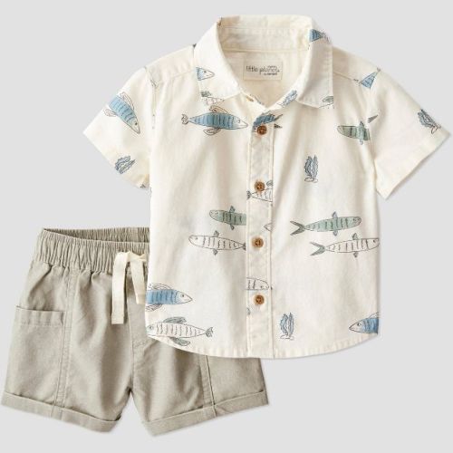 Little Planet by Carter's Organic Baby Boys' Fish Woven Coordinate Set - Newborn: Lightweight Linen Blend