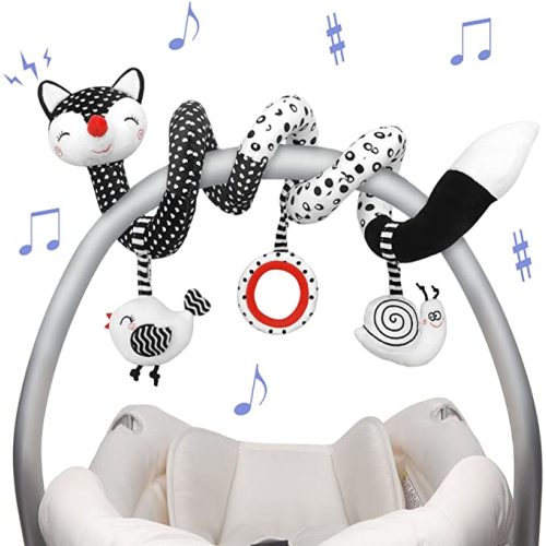 Euyecety Baby Spiral Plush Toys, Black White Stroller Toy Stretch & Spiral Activity Toy Car Seat Toys, Hanging Rattle Toys for Crib Mobile, Newborn Sensory Toy Best Gift for 0 3 6 9 12 Months Baby-Fox