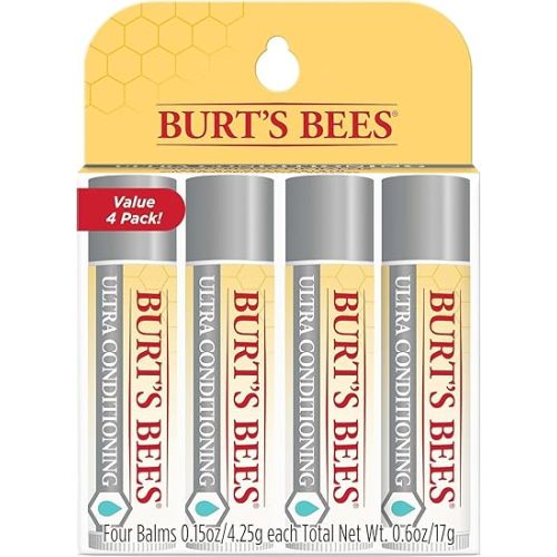 Burt's Bees Lip Balm, Moisturizing Lip Care, 100% Natural, Ultra Conditioning with Shea, Cocoa & Kokum Butter (4 Pack)