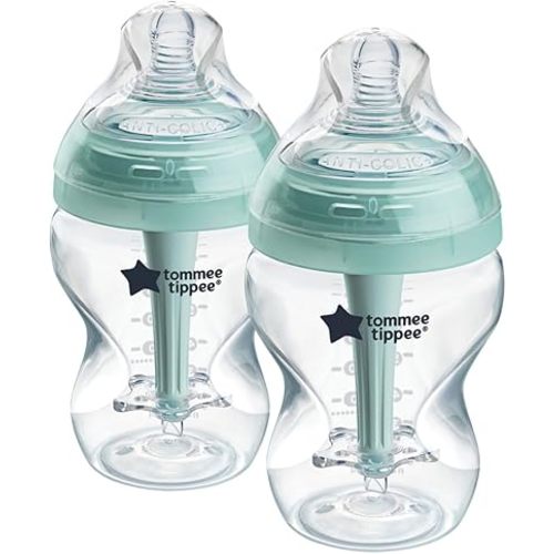 Tommee Tippee Advanced Anti-Colic Baby Bottles, 0m+, Pack of 2, 9oz Baby Bottles, with Slow Flow Breast-Like Nipple for Natural Latch, Self-Sterilizing and BPA Free, Baby Feeding Essentials