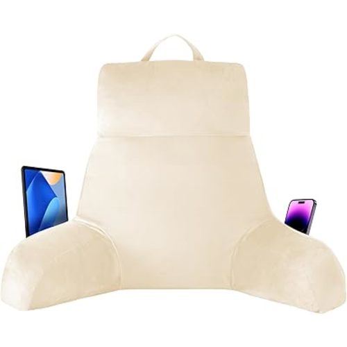 Back Pillow for Bed Sitting up, Reading Pillow for Sitting in Bed Adult, Back Support Pillow, Memory Foam Sit up Lounge Backrest Pillow with Arms for TV, Couch, Chair, Dorm, 24 Inch, Beige