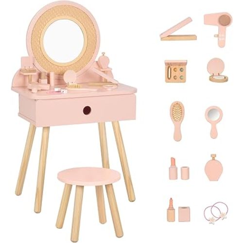Kids Vanity Table and Chair Set, Pink Girls Vanity with 11 Pcs Accessories, Enough for Real and Pretend Makeup, Toddler Vanity for 3 Year Old and Up as Ideal Gift