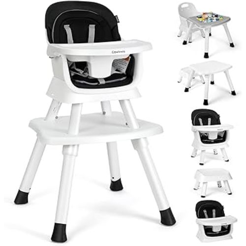 Cowiewie 8 in 1 Baby High Chair Growing with Baby High Chairs for Babies and Toddlers Chair Set Building Block Table Highchair with Safety Harness, Removable Tray (White & Black)