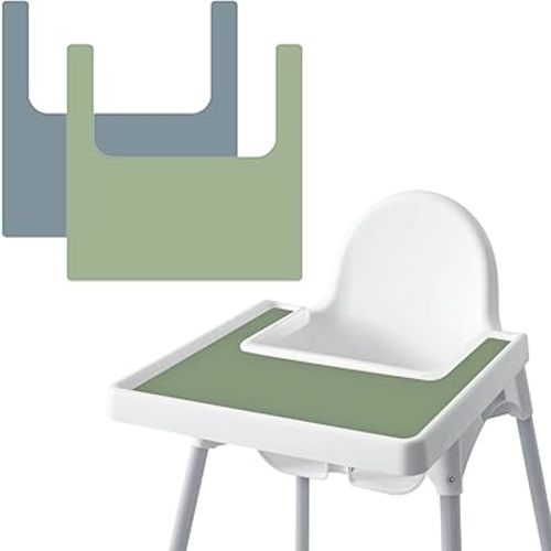 High Chair Placemat for IKEA Antilop Baby High Chair, 2 Packs Stain Resistant Non-Slip Toddler Silicone High Chair Place Mats Eating Table Mat (Sage/Ether)