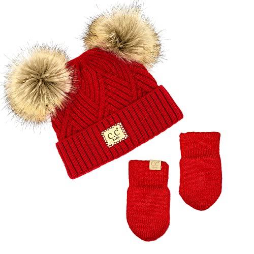 Funky Junque Baby Pom Beanie & Fleece Mittens Set - Warm Winter Essentials - Spring Colors, Classic Neutrals, Pattern Styles
