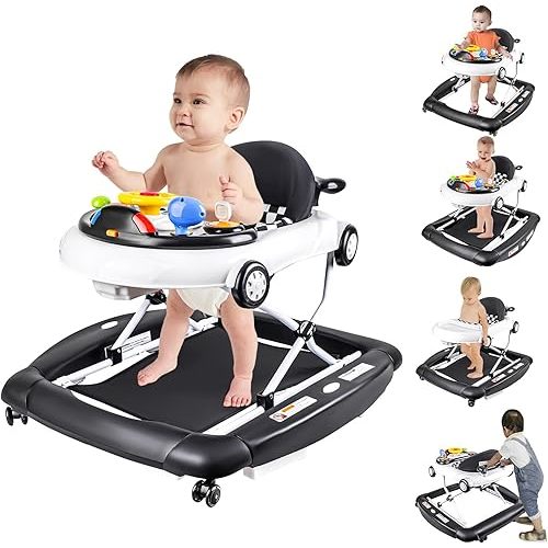 5 and 1 Baby Walkers, Activity Baby Walker,Baby Walker Car, Baby Walker with Wheels, Baby Bouncer and Rocker, Adjustable Music Sound, Speed Rear Wheels and Height,Ages 7-18 Months (Black)