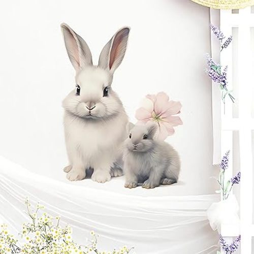 Cute Bunny Wall Stickers, sacinora Little White Rabbit Pups Cartoon Animal Wall Decals Removable Vinyl Peel and Stick for Kids Baby Nursery Living Room Bedroom Children's Room Playroom Art Decorations