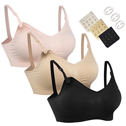 HOFISH 3PACK Full Bust Seamless Nursing Maternity Bras Bralette S-XXL with Extra Bra Extenders & Clips - Medium - 03pack:pinkblackbeige
