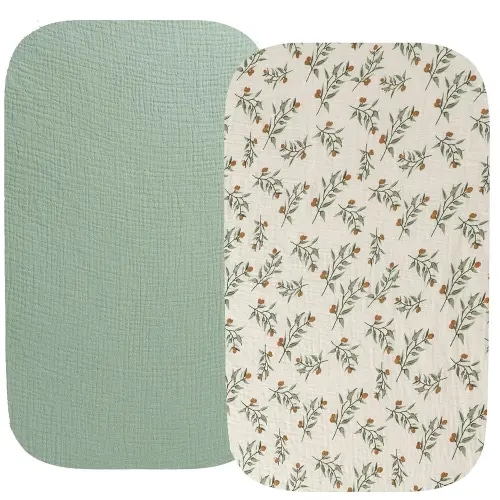 Muslin Bassinet Sheet Compatible with ANGELBLISS Koolerthings (3 in 1), Pamo Babe 2in1 and Ihoming Bedside, 2 Pack Cotton Fitted Roman Green & Botanical Leaf