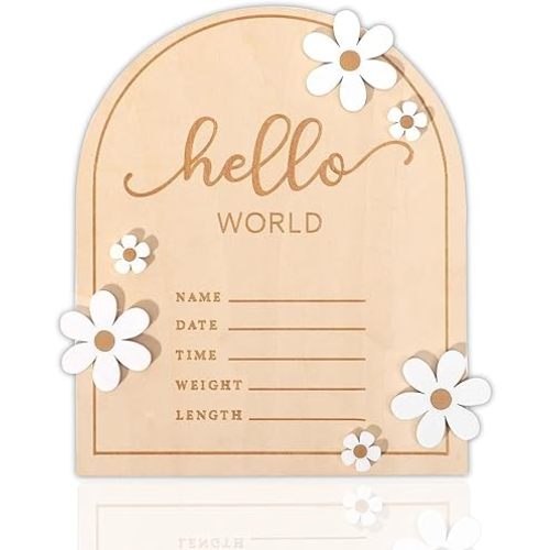​Wooden Hello World for Baby Showers, 7.1 Inch Baby Announcement Sign, Birth Announcement Sign for Hospital Welcome Newborn Boys and Girls Shower, Nursery Hospital Information Record Board