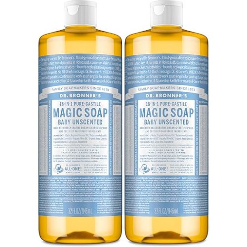 Dr. Bronner's Magic Soap-Pure-Castile Liquid Soap (Baby Unscented, 32 ounce, 2-Pack)-Regenerative Organic Certified Oils, 18-in-1 Uses: Body, Laundry & Dishes, For Sensitive Skin, No Fragrance
