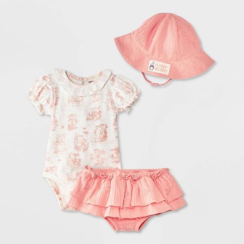 Baby Girls' 3pc Peter Rabbit Ruffle Bodysuit with Hat Set - Pink 12M