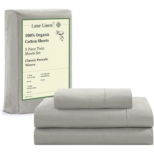 LANE LINEN 100% Organic Cotton Sheets Twin Size, Soft & Comfy Mercerized Fully Elasticized Naturally Temperature Regulating Sustainably Produced Luxury Hotel Quality Cotton Twin Sheet Set- Silver