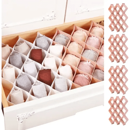 Underwear and Sock Drawer Organizers, Pink Undergarment Organizer for Dresser Closet Storage, Drawer Dividers for Baby Clothes, Bras, Belt and Leggings (4 Sets of Pink, 86 Slots)