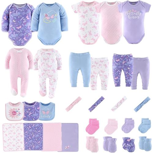 The Peanutshell Baby Layette Gift Set for Baby Girls - 30 Piece Baby Girl Clothes Newborn to 9 Months - Purple Butterfly