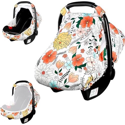 Pea Pod Car Seat Covers for Babies - Breathable Mesh Canopy with Kick-Proof, Soft Stretchy Protection - Newborn Stroller Carrier Covers for Girls - Retro Floral