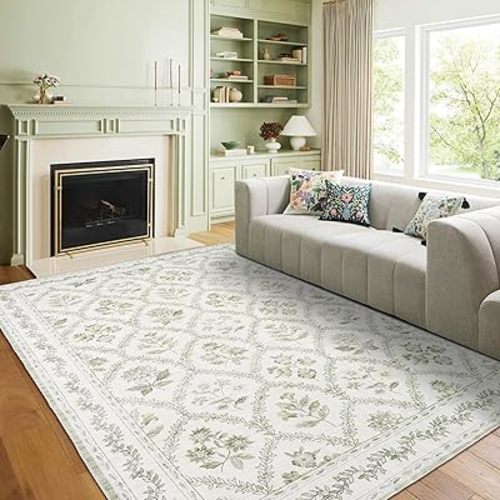 Sage Green Boho Area Rugs 5x7 for Living Room Machine Washable Light Green and Cream Beige Rugs Botanical Floral Printed Soft Distressed Farmhouse Carpet for Dining Room Bedroom Office Home