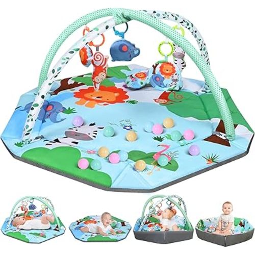 Baby Play Gym Mat 26-in-1 Foldable Tummy Time Mat Wild Animals Washable Baby Play Mat for Visual Hearing Sensory Motor Development Baby Activity Mat Newborn Infant Play Mat for Babies 0-6 Months