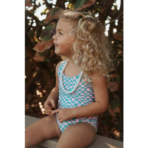 Pink and Green Checkered Girl Swim One-Piece