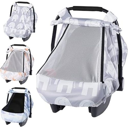 SMTTW Car Seat Cover for Babies, Stretchy Breathable Carseat Canopy with Peek Window, Multiuse Infant Stroller Cover for Baby Boys Girls, Privacy Sun Shade & Wind Protect for Summer (Elephant)